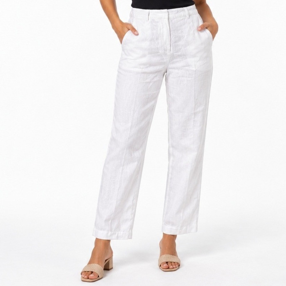 Zara Pants Women M White Wide Leg Linen Blend High Rise Summer Trousers